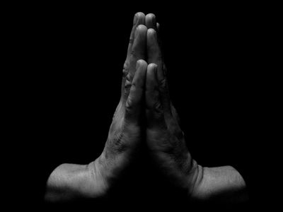 Close-up of a person's hands in a meditative gesture.